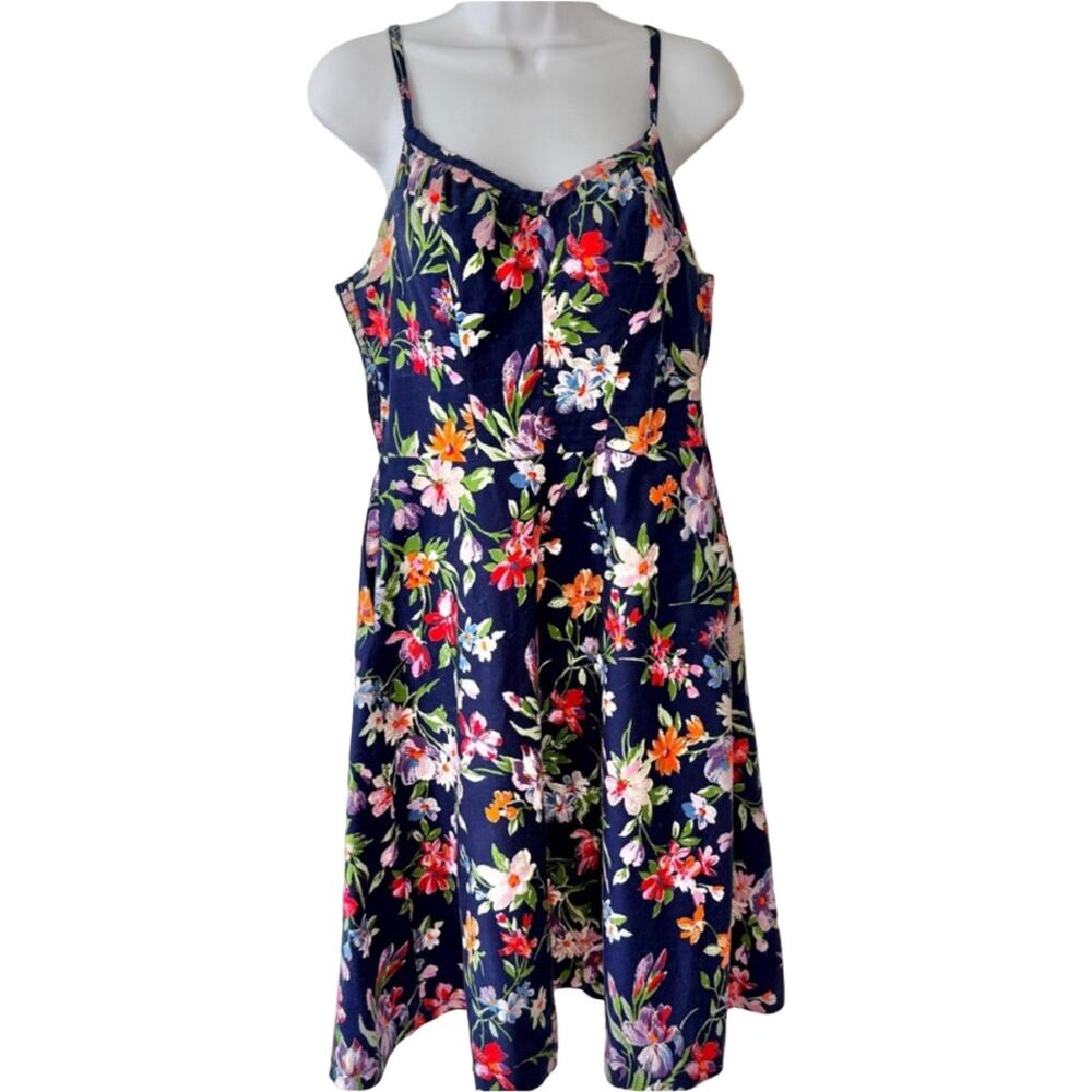 Navy Blue Floral Spaghetti Strap Fit and Flare Dress Built In Bra Pockets size M
